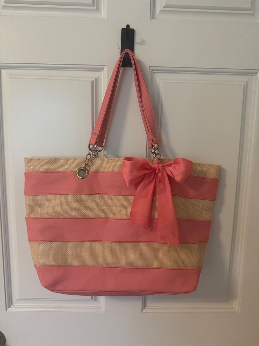 Pink Stripe Tote Bag with Bow